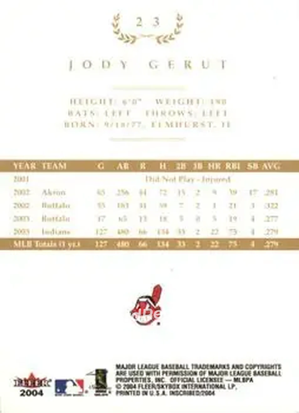 2004 Fleer InScribed - Gold #23 - Jody Gerut - Cleveland Indians - Back