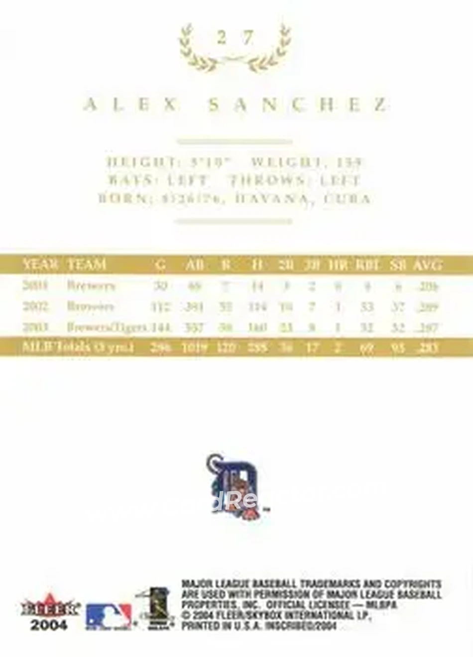 2004 Fleer InScribed - Gold #27 - Alex Sanchez - Detroit Tigers - Back