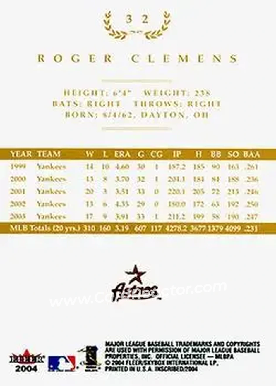 2004 Fleer InScribed - Gold #32 - Roger Clemens - Houston Astros - Back