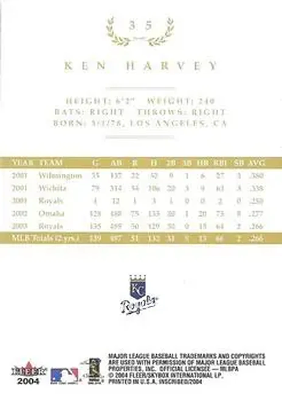 2004 Fleer InScribed - Gold #35 - Ken Harvey - Kansas City Royals - Back