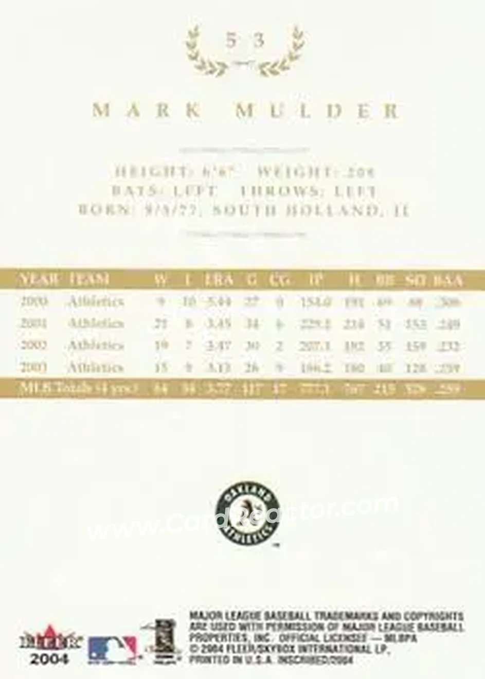 2004 Fleer InScribed - Gold #53 - Mark Mulder - Oakland Athletics - Back 2004 Fleer InScribed - Gold #53 - Mark Mulder - Oakland Athletics - Back