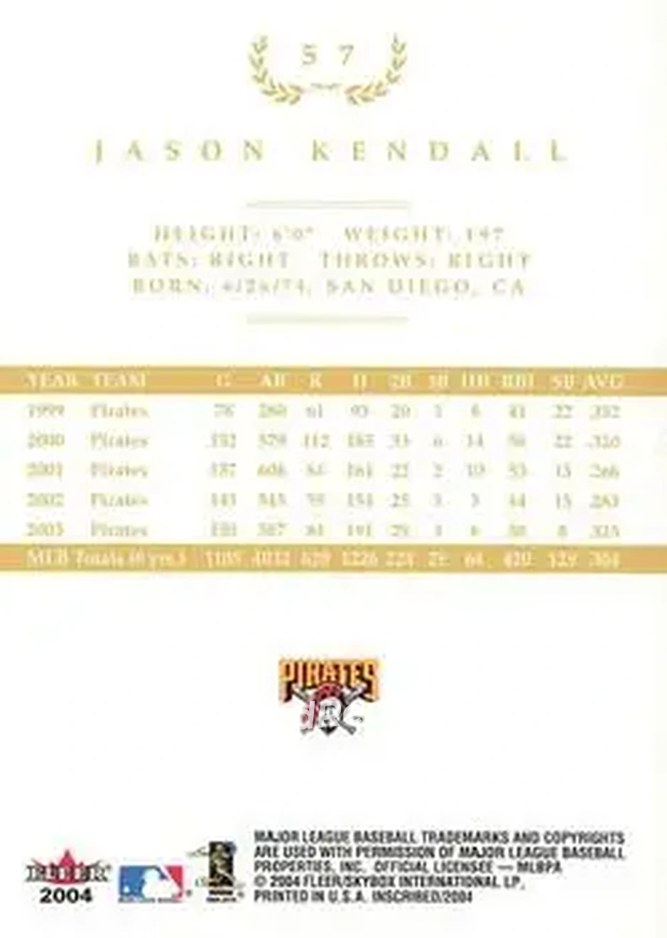 2004 Fleer InScribed - Gold #57 - Jason Kendall - Pittsburgh Pirates - Back