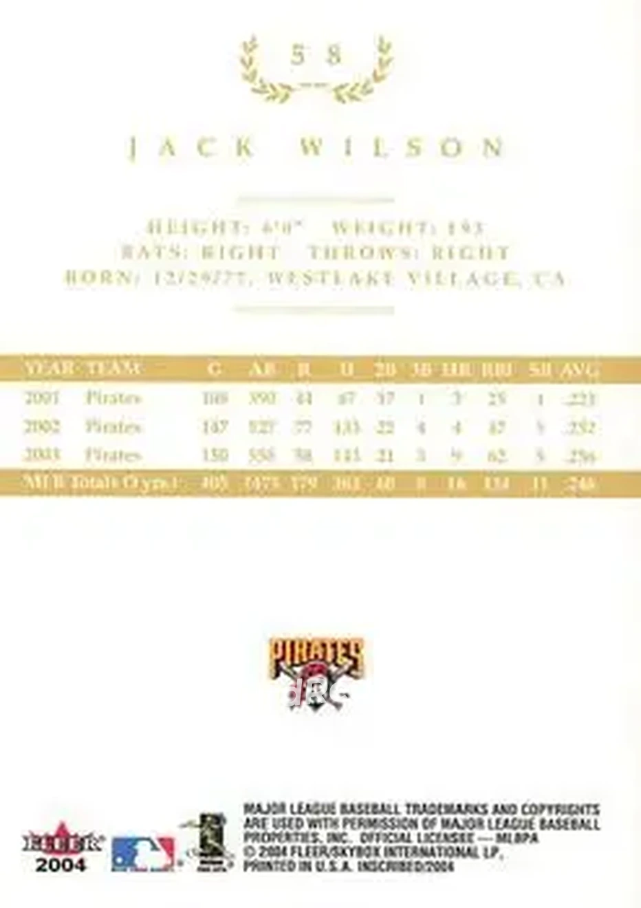 2004 Fleer InScribed - Gold #58 - Jack Wilson - Pittsburgh Pirates - Back 2004 Fleer InScribed - Gold #58 - Jack Wilson - Pittsburgh Pirates - Back