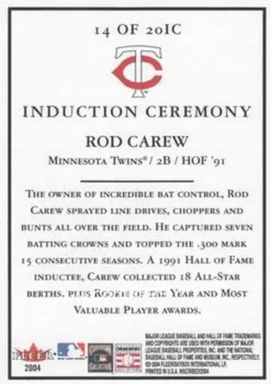 2004 Fleer InScribed - Induction Ceremony #14IC - Rod Carew - Minnesota Twins - Back
