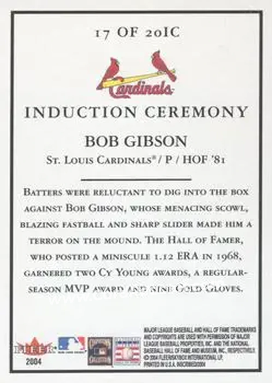 2004 Fleer InScribed - Induction Ceremony #17IC - Bob Gibson - St. Louis Cardinals - Back