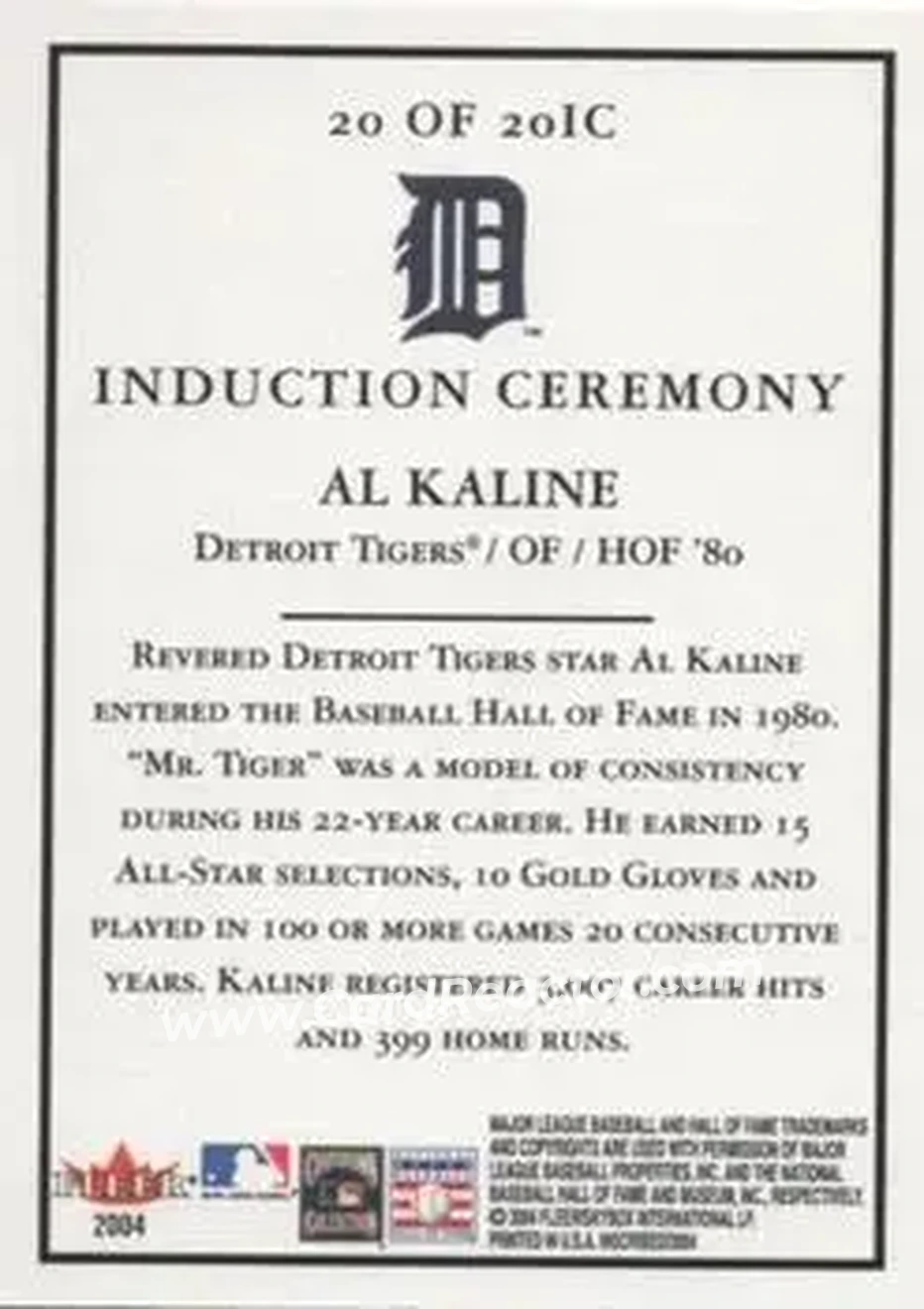 2004 Fleer InScribed - Induction Ceremony #20IC - Al Kaline - Detroit Tigers - Back