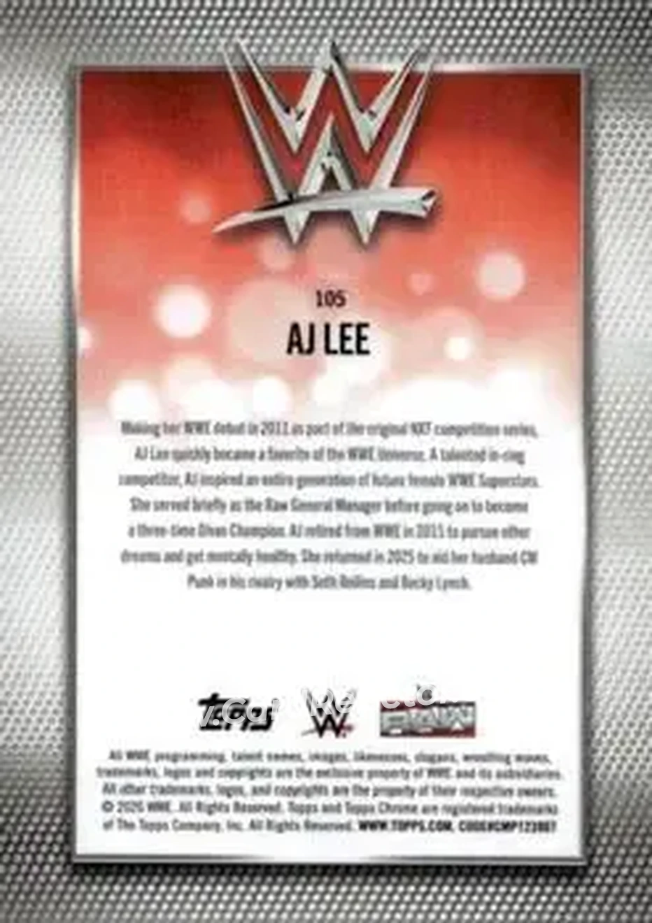 2026 Topps Chrome Sapphire Edition WWE #105 - AJ Lee - Back 2026 Topps Chrome Sapphire Edition WWE #105 - AJ Lee - Back