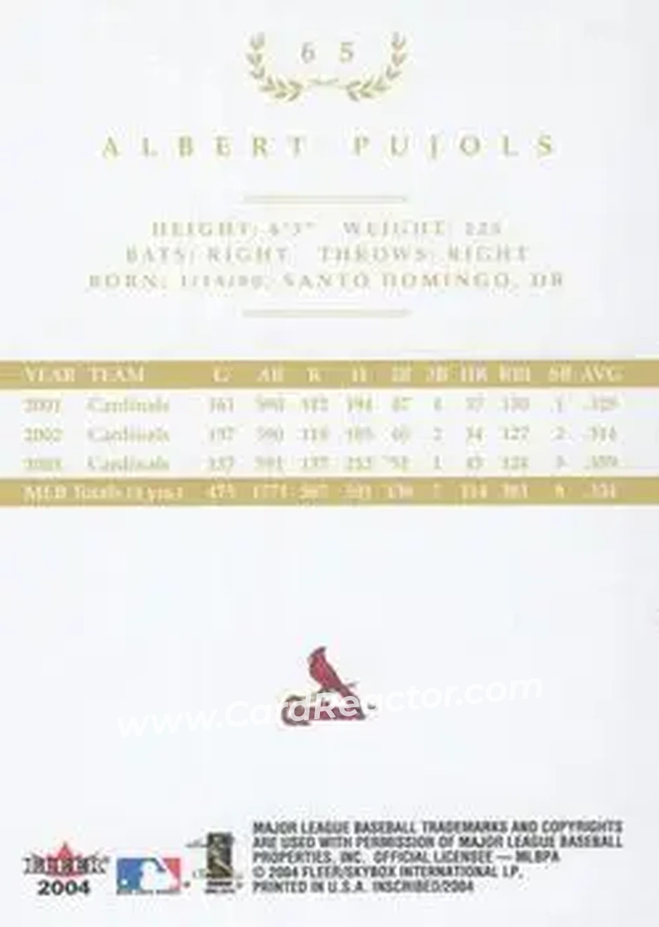 2004 Fleer InScribed - Gold #65 - Albert Pujols - St. Louis Cardinals - Back 2004 Fleer InScribed - Gold #65 - Albert Pujols - St. Louis Cardinals - Back
