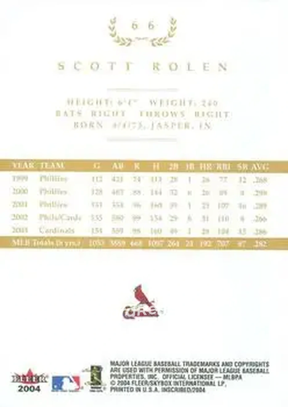 2004 Fleer InScribed - Gold #66 - Scott Rolen - St. Louis Cardinals - Back 2004 Fleer InScribed - Gold #66 - Scott Rolen - St. Louis Cardinals - Back