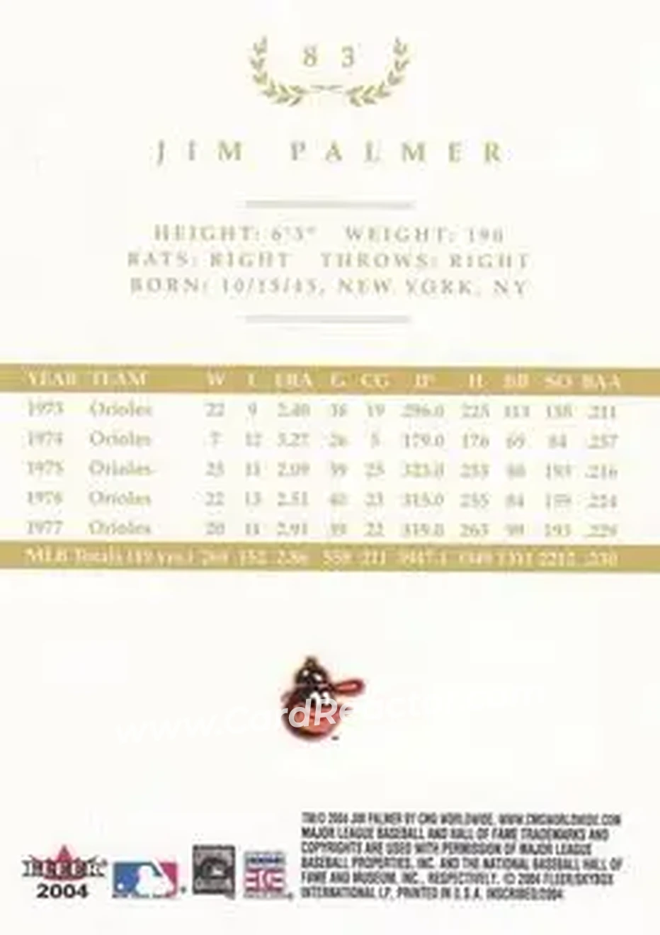 2004 Fleer InScribed - Gold #83 - Jim Palmer - Baltimore Orioles - Back