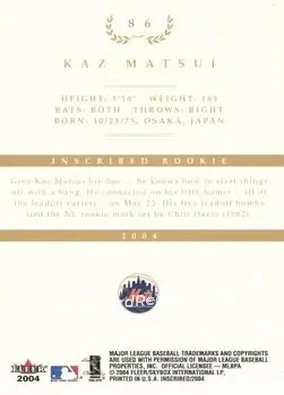 2004 Fleer InScribed - Gold #86 - Kazuo Matsui - New York Mets - Back