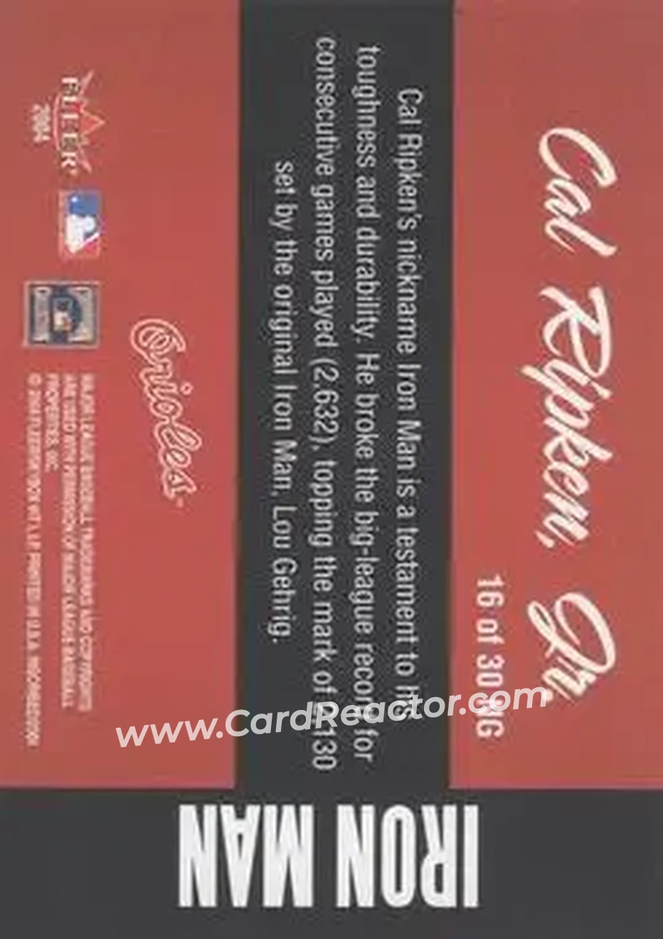 2004 Fleer InScribed - Names of the Game #16NG - Cal Ripken - Baltimore Orioles - Back