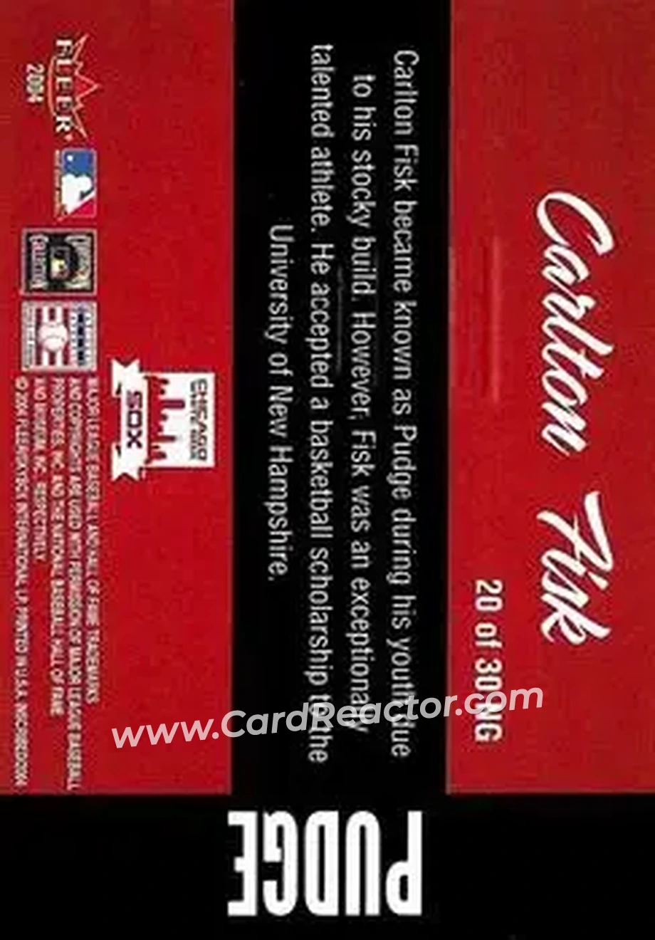 2004 Fleer InScribed - Names of the Game #20NG - Carlton Fisk - Chicago White Sox - Back 2004 Fleer InScribed - Names of the Game #20NG - Carlton Fisk - Chicago White Sox - Back