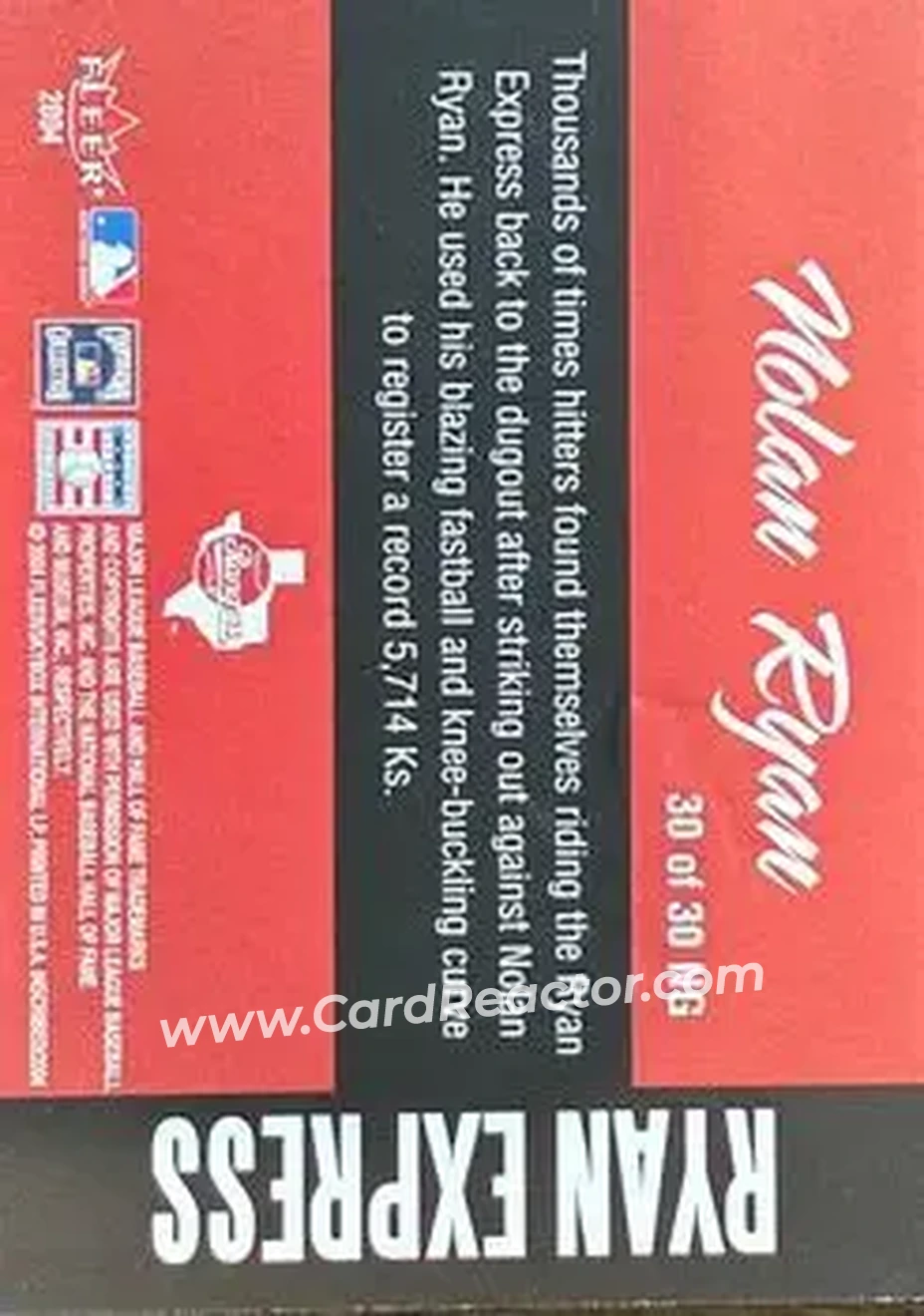 2004 Fleer InScribed - Names of the Game #30NG - Nolan Ryan - Texas Rangers - Back
