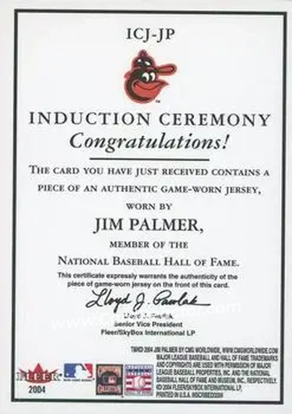2004 Fleer InScribed - Induction Ceremony Material Masterpiece #ICJ-JP - Jim Palmer - Baltimore Orioles - Back