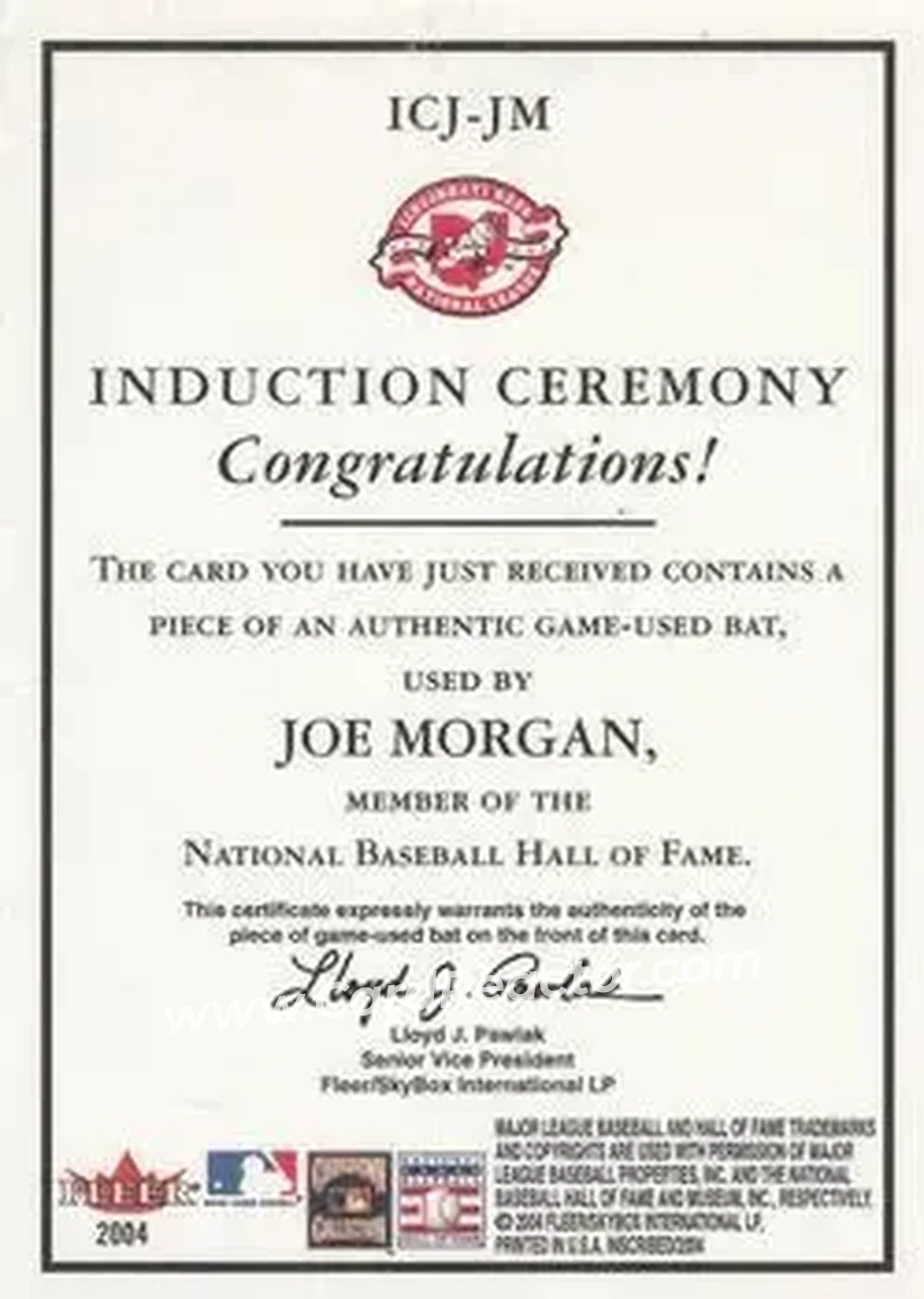 2004 Fleer InScribed - Induction Ceremony Material Silver #ICJ-JM - Joe Morgan - Cincinnati Reds - Back