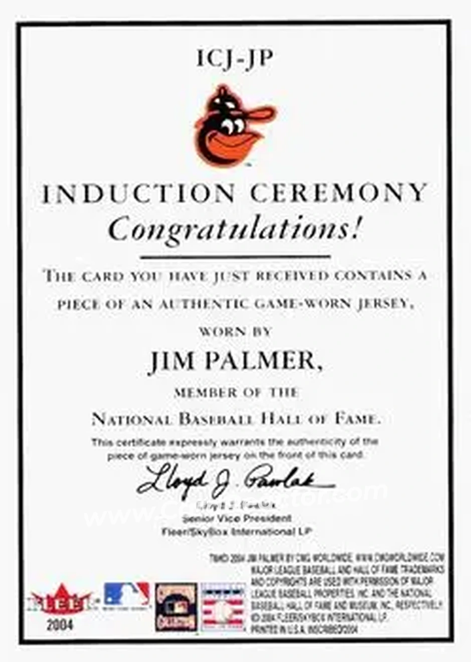 2004 Fleer InScribed - Induction Ceremony Material Silver #ICJ-JP - Jim Palmer - Baltimore Orioles - Back 2004 Fleer InScribed - Induction Ceremony Material Silver #ICJ-JP - Jim Palmer - Baltimore Orioles - Back