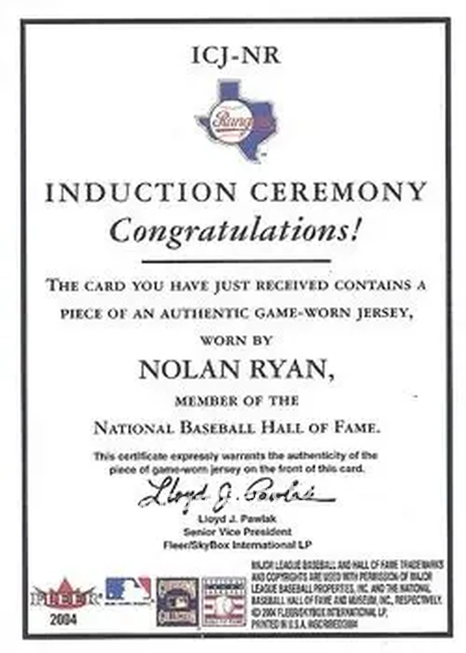 2004 Fleer InScribed - Induction Ceremony Material Silver #ICJ-NR - Nolan Ryan - Texas Rangers - Back