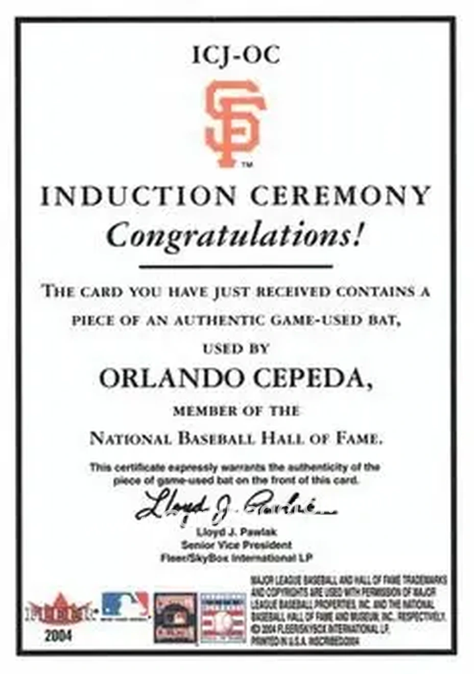 2004 Fleer InScribed - Induction Ceremony Material Silver #ICJ-OC - Orlando Cepeda - San Francisco Giants - Back
