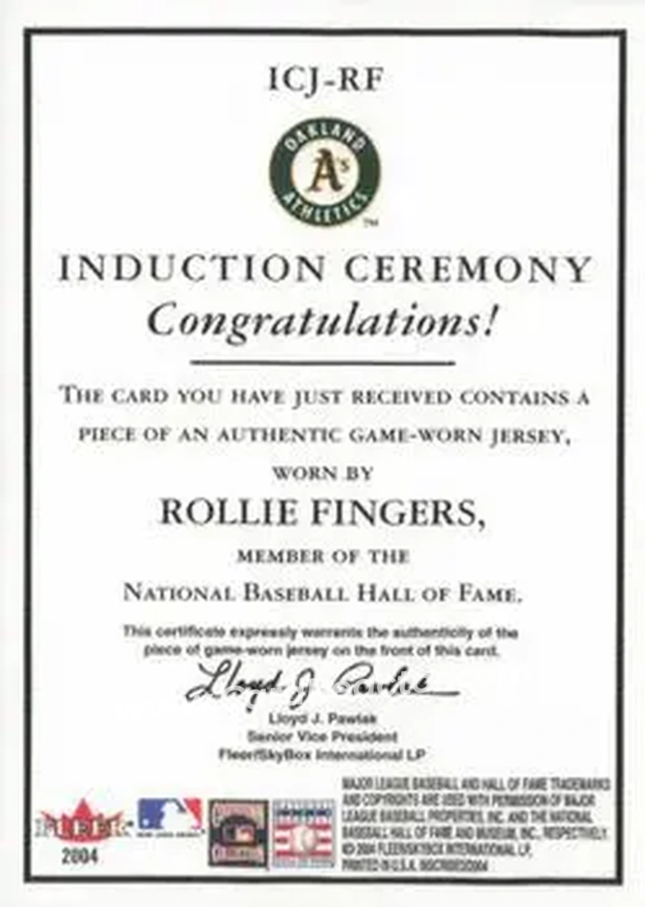 2004 Fleer InScribed - Induction Ceremony Material Silver #ICJ-RF - Rollie Fingers - Oakland Athletics - Back