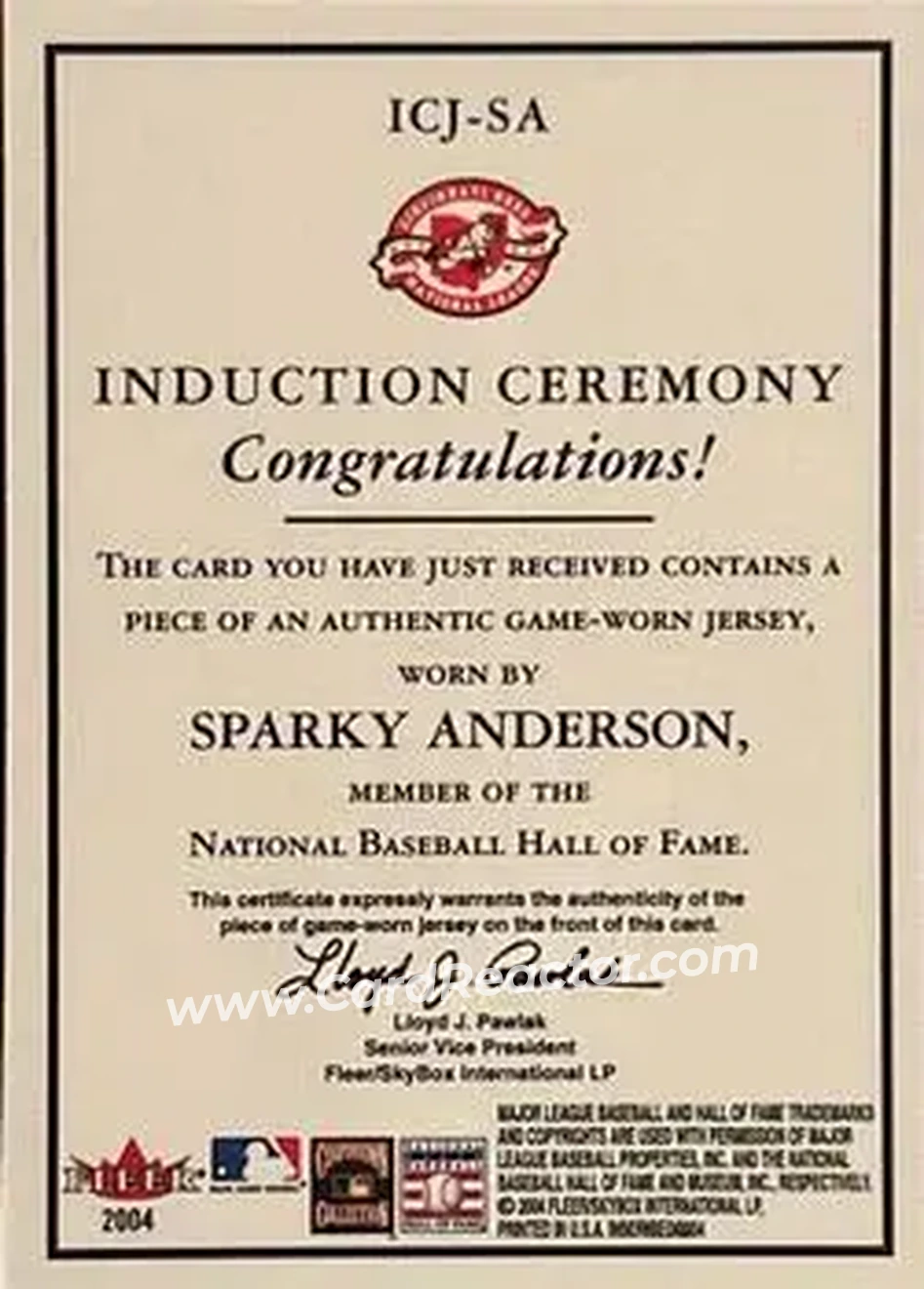 2004 Fleer InScribed - Induction Ceremony Material Silver #ICJ-SA - George Anderson - Cincinnati Reds - Back