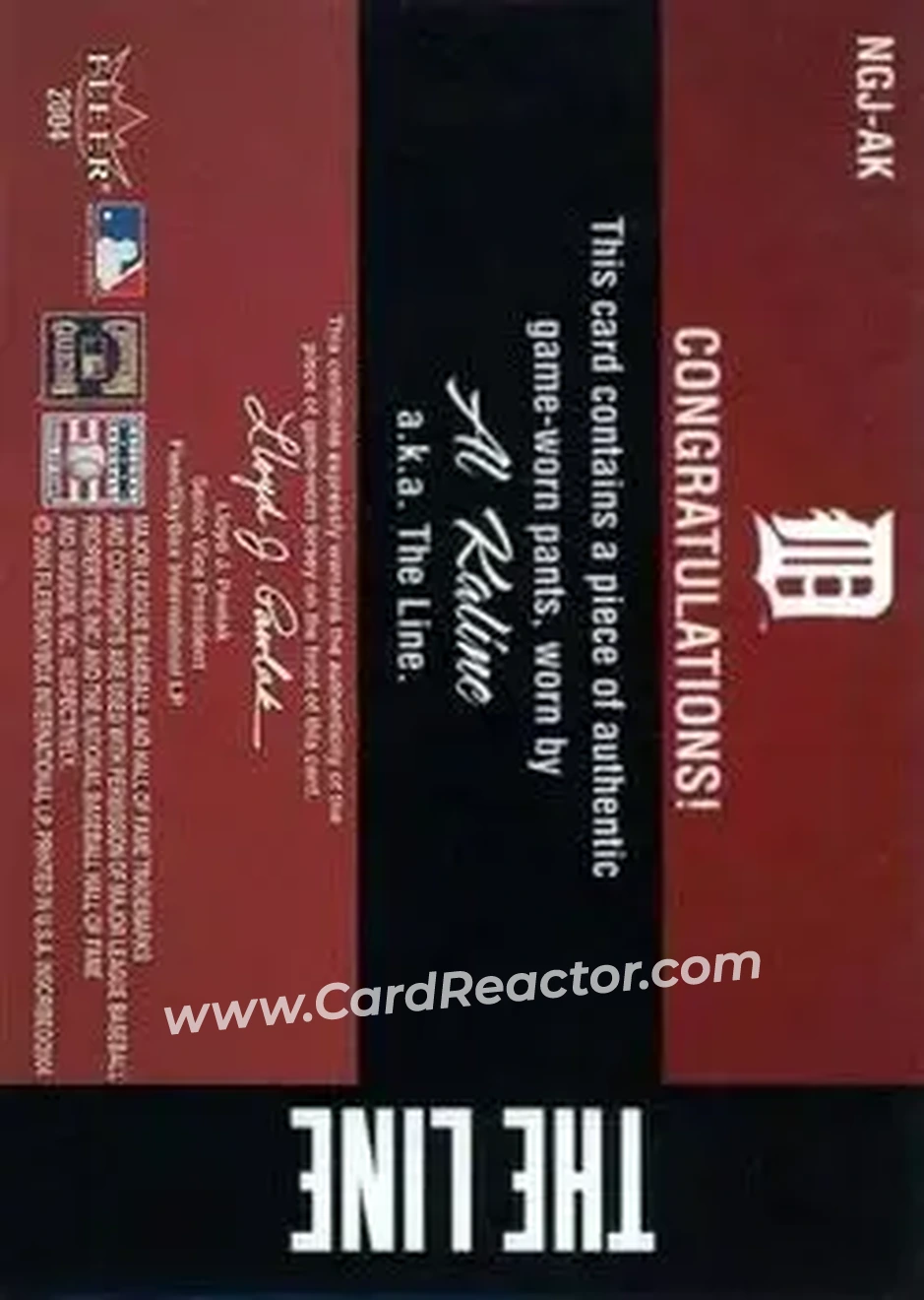 2004 Fleer InScribed - Names of the Game Material Silver #NGJ-AK - Al Kaline - Detroit Tigers - Back