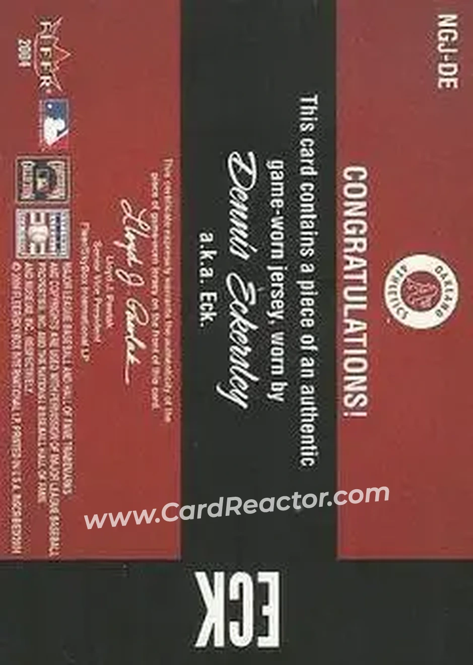 2004 Fleer InScribed - Names of the Game Material Copper #NGJ-DE - Dennis Eckersley - Oakland Athletics - Back