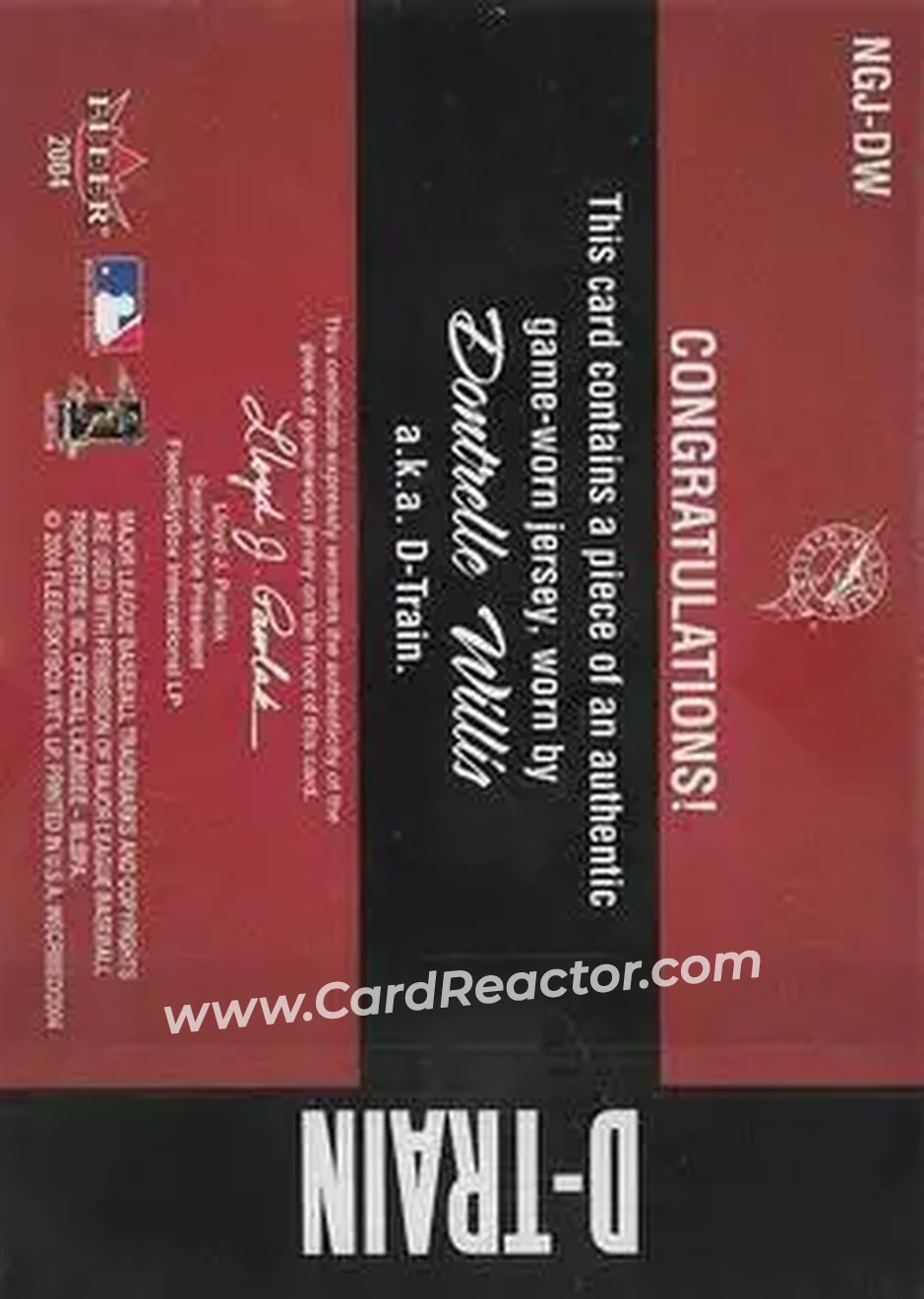 2004 Fleer InScribed - Names of the Game Material Copper #NGJ-DW - Dontrelle Willis - Florida Marlins - Back 2004 Fleer InScribed - Names of the Game Material Copper #NGJ-DW - Dontrelle Willis - Florida Marlins - Back