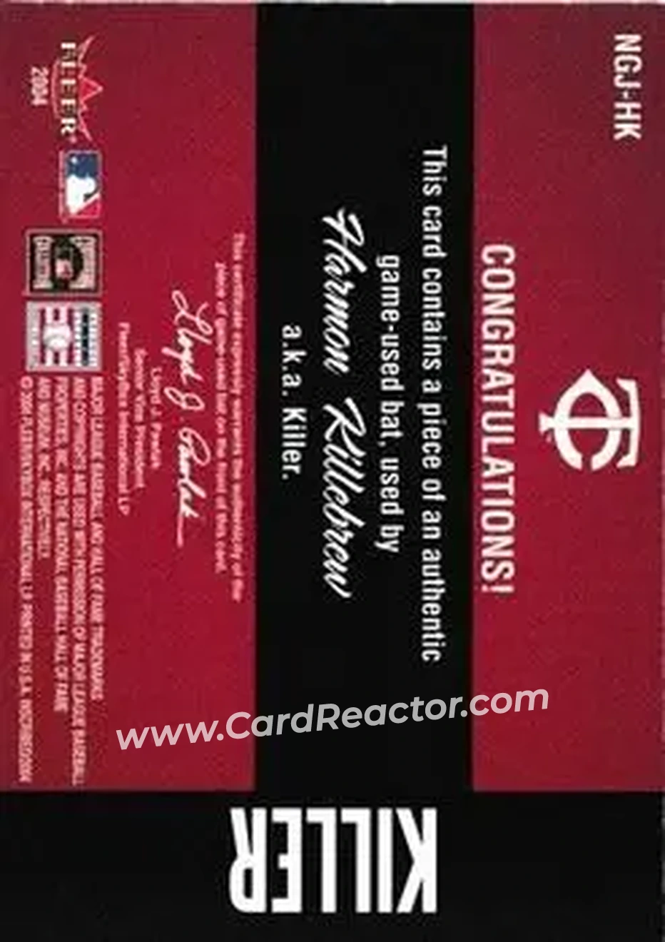 2004 Fleer InScribed - Names of the Game Material Copper #NGJ-HK - Harmon Killebrew - Minnesota Twins - Back