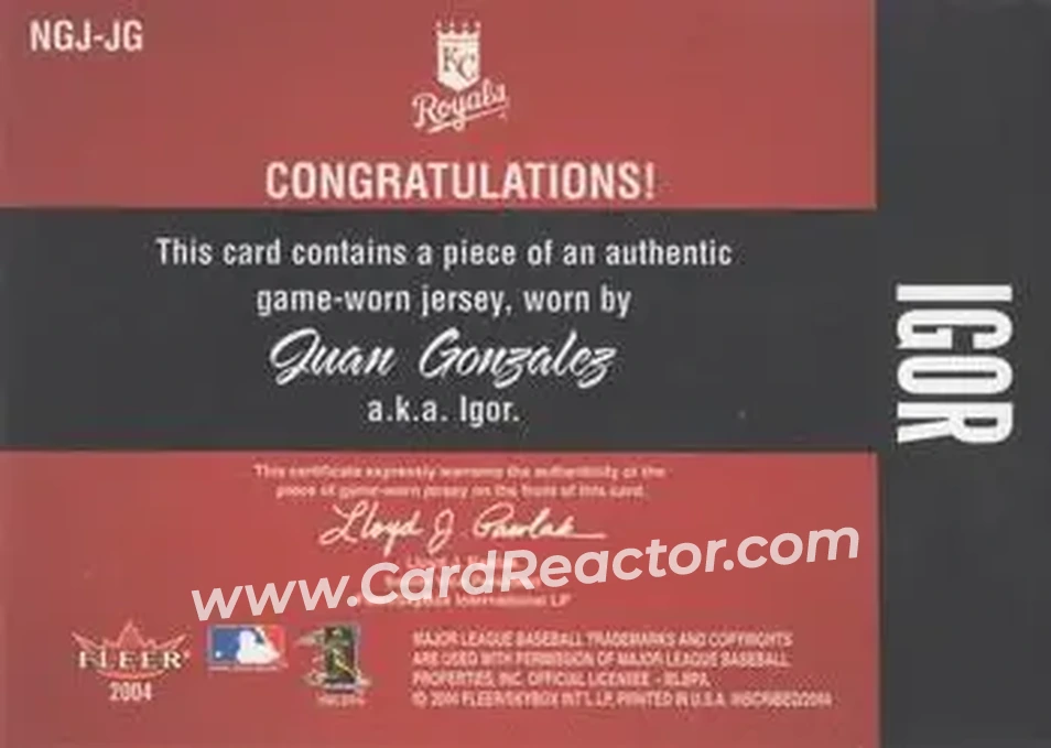 2004 Fleer InScribed - Names of the Game Material Copper #NGJ-JG - Juan Gonzalez - Kansas City Royals - Back
