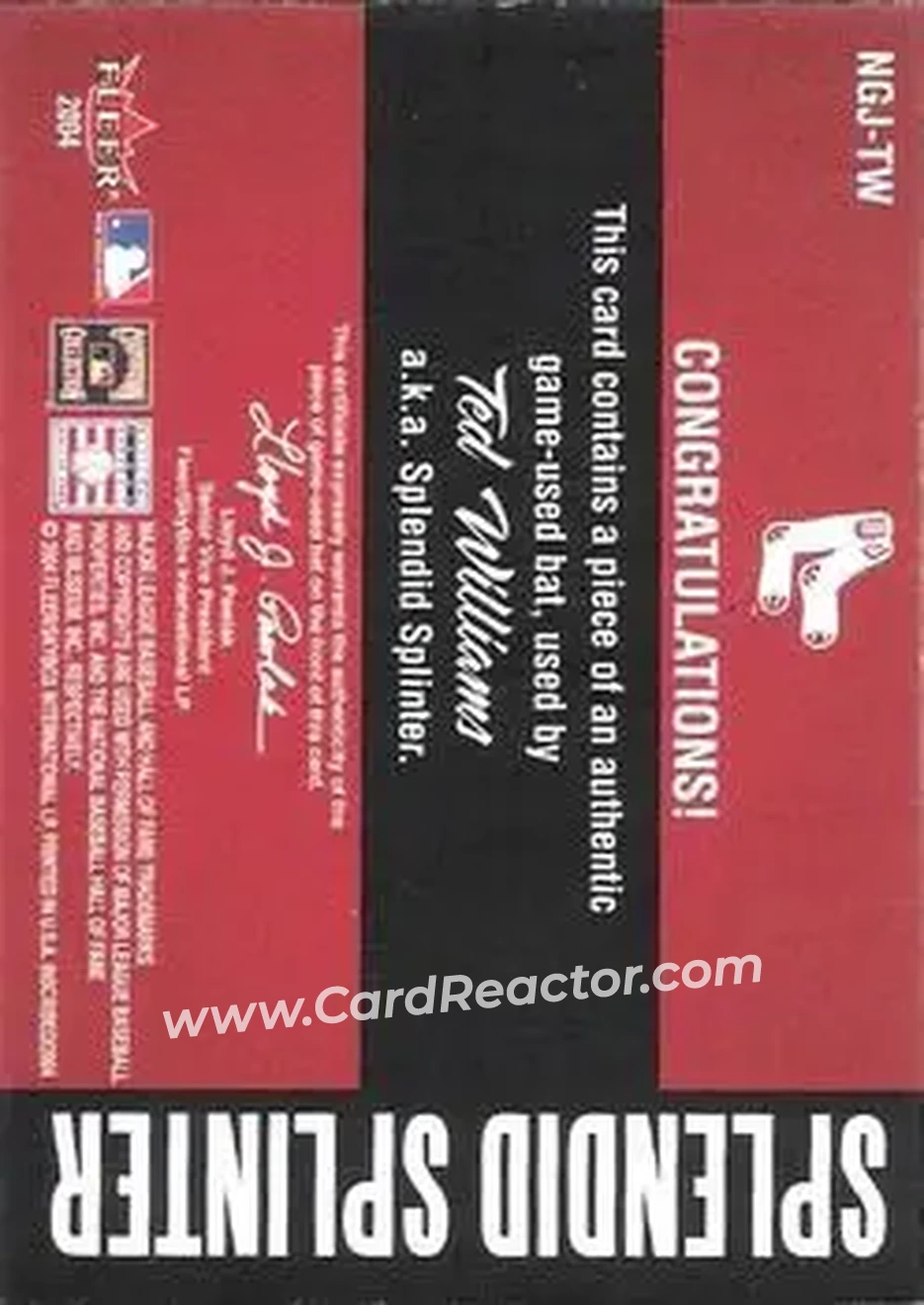 2004 Fleer InScribed - Names of the Game Material Copper #NGJ-TW - Ted Williams - Boston Red Sox - Back