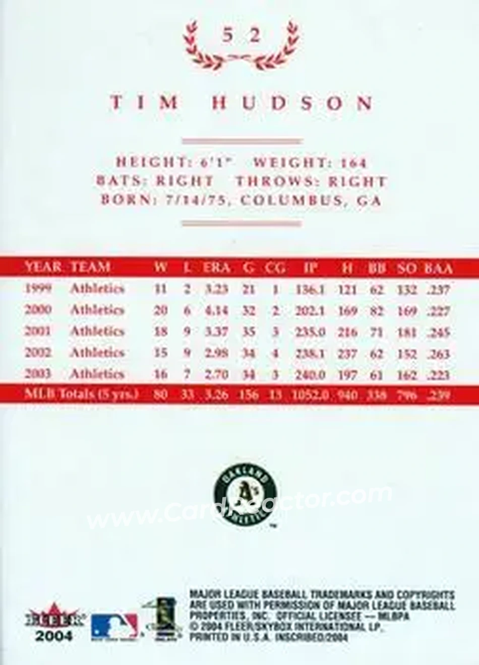 2004 Fleer InScribed - Red #52 - Tim Hudson - Oakland Athletics - Back