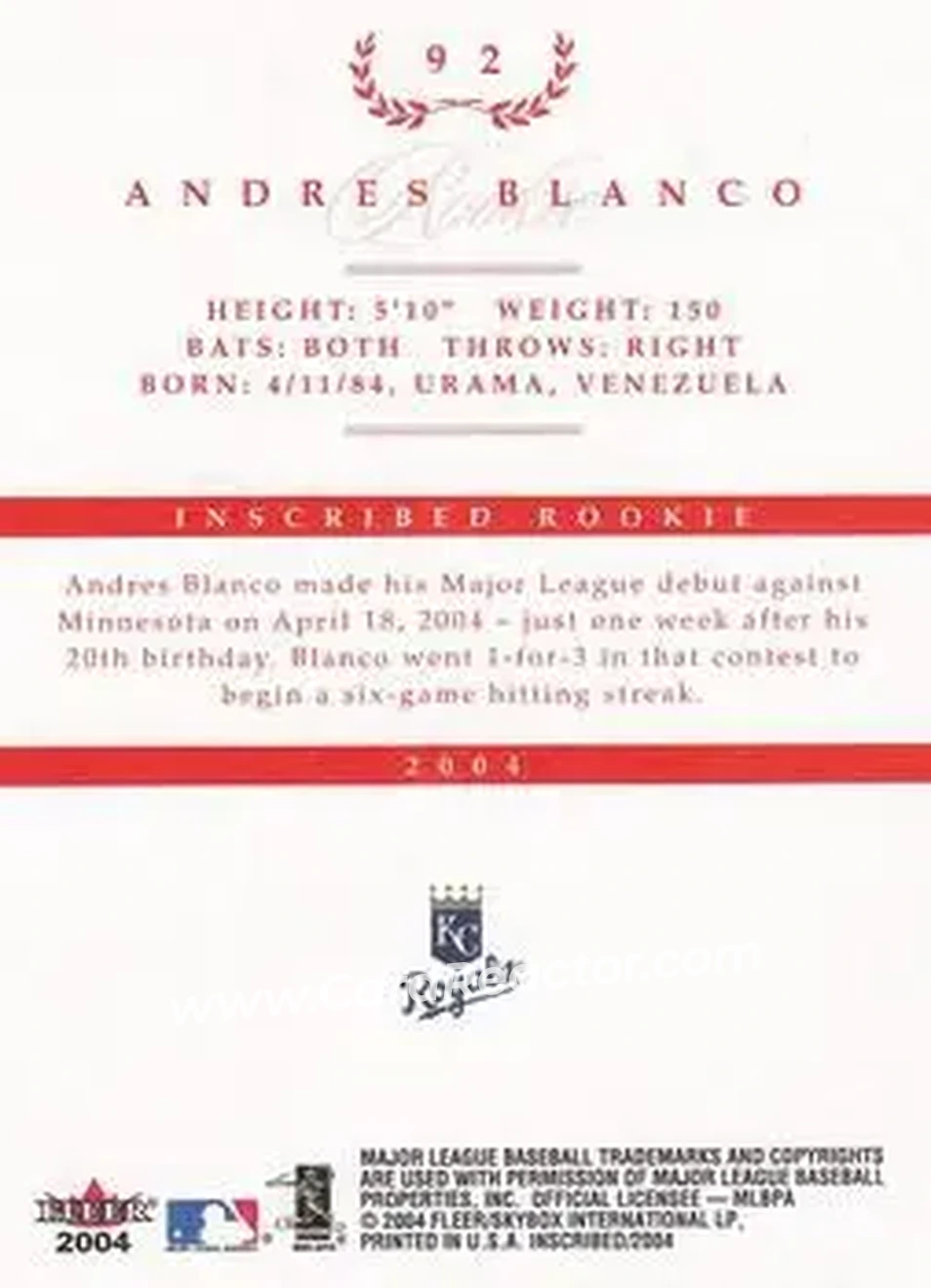 2004 Fleer InScribed - Red #92 - Andres Blanco - Kansas City Royals - Back 2004 Fleer InScribed - Red #92 - Andres Blanco - Kansas City Royals - Back