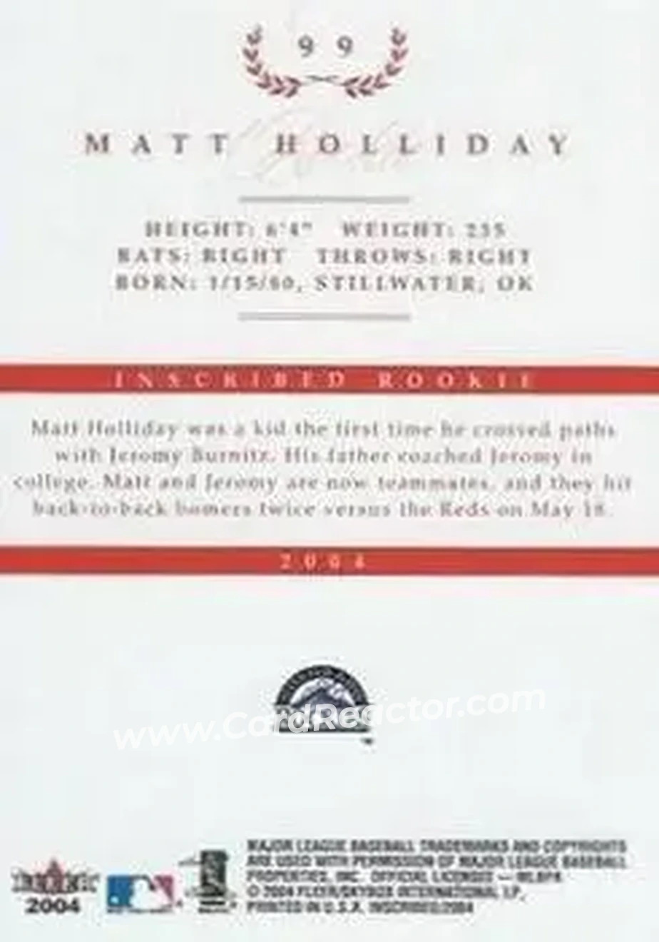 2004 Fleer InScribed - Red #99 - Matt Holliday - Colorado Rockies - Back