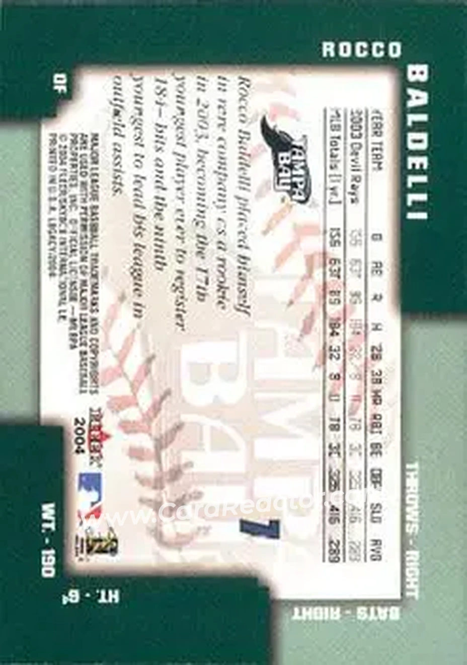 2004 Fleer Legacy #7 - Rocco Baldelli - Tampa Bay Devil Rays - Back