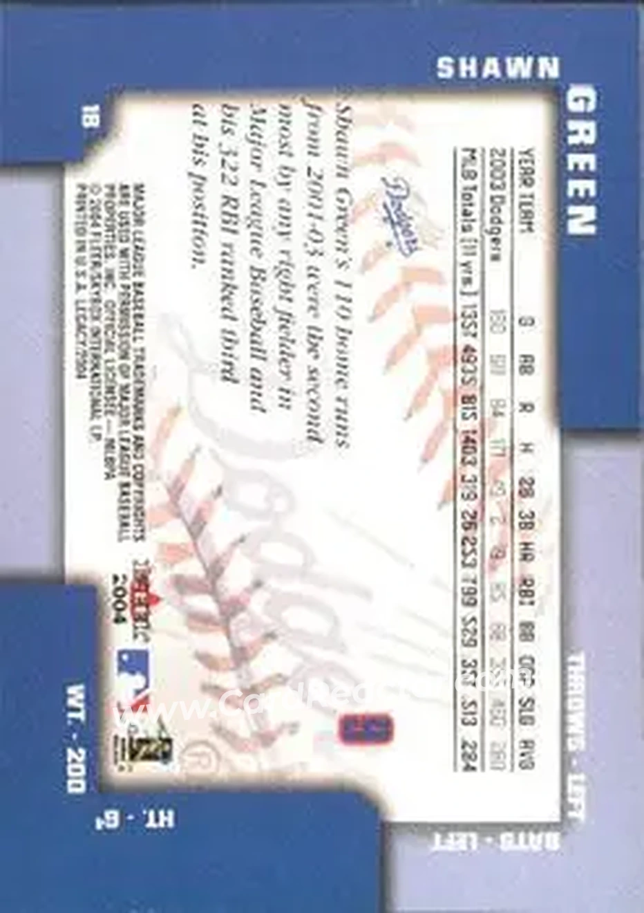 2004 Fleer Legacy #9 - Shawn Green - Los Angeles Dodgers - Back