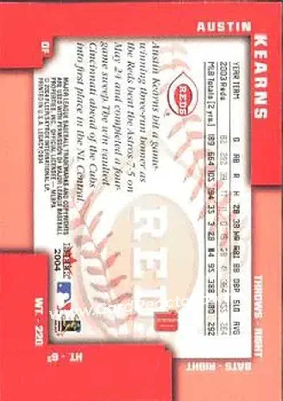 2004 Fleer Legacy #10 - Austin Kearns - Cincinnati Reds - Back 2004 Fleer Legacy #10 - Austin Kearns - Cincinnati Reds - Back