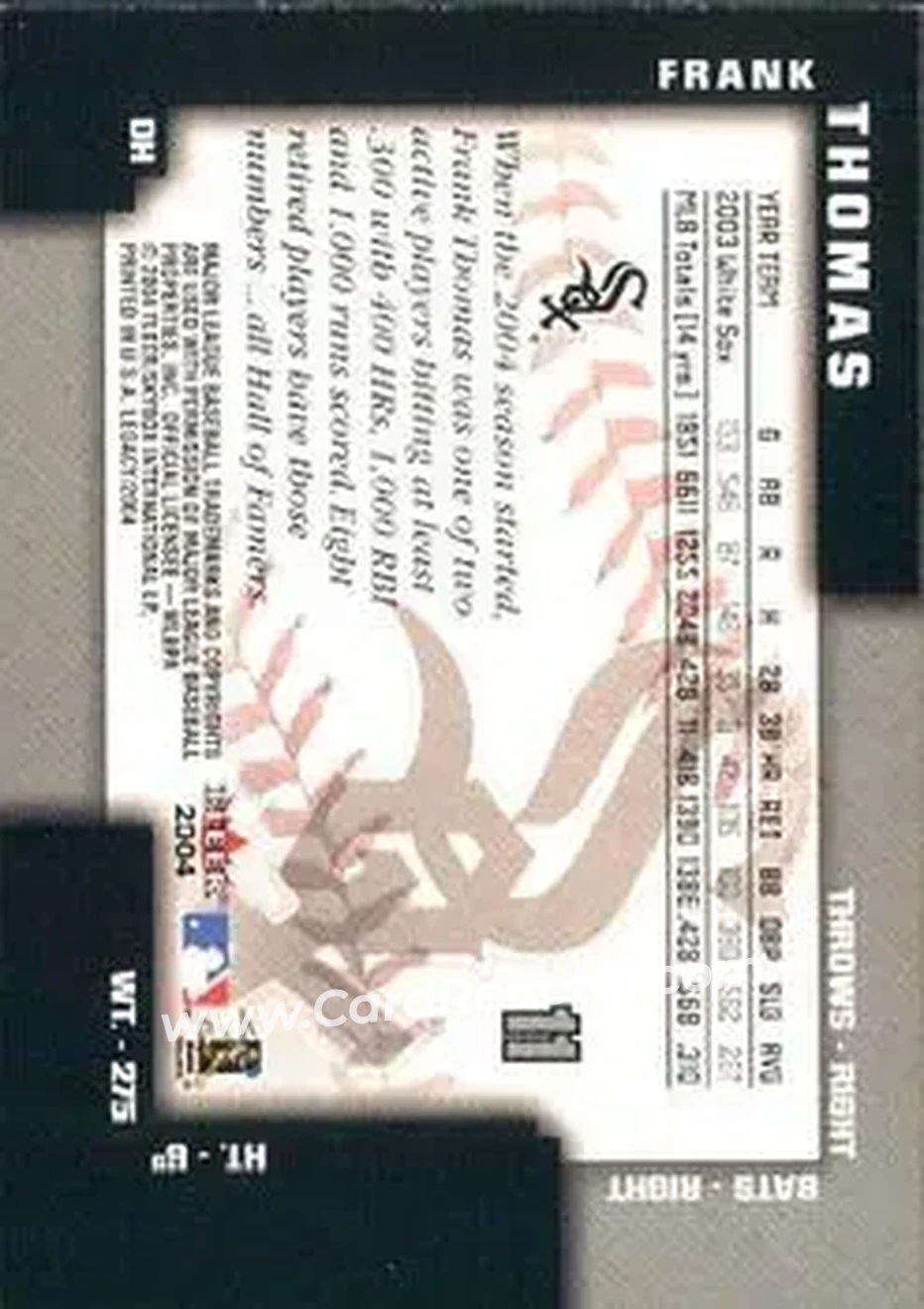 2004 Fleer Legacy #11 - Frank Thomas - Chicago White Sox - Back