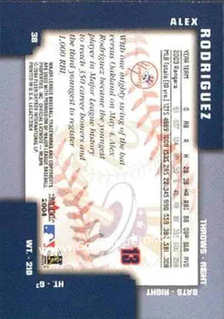 2004 Fleer Legacy #13 - Alex Rodriguez - New York Yankees - Back