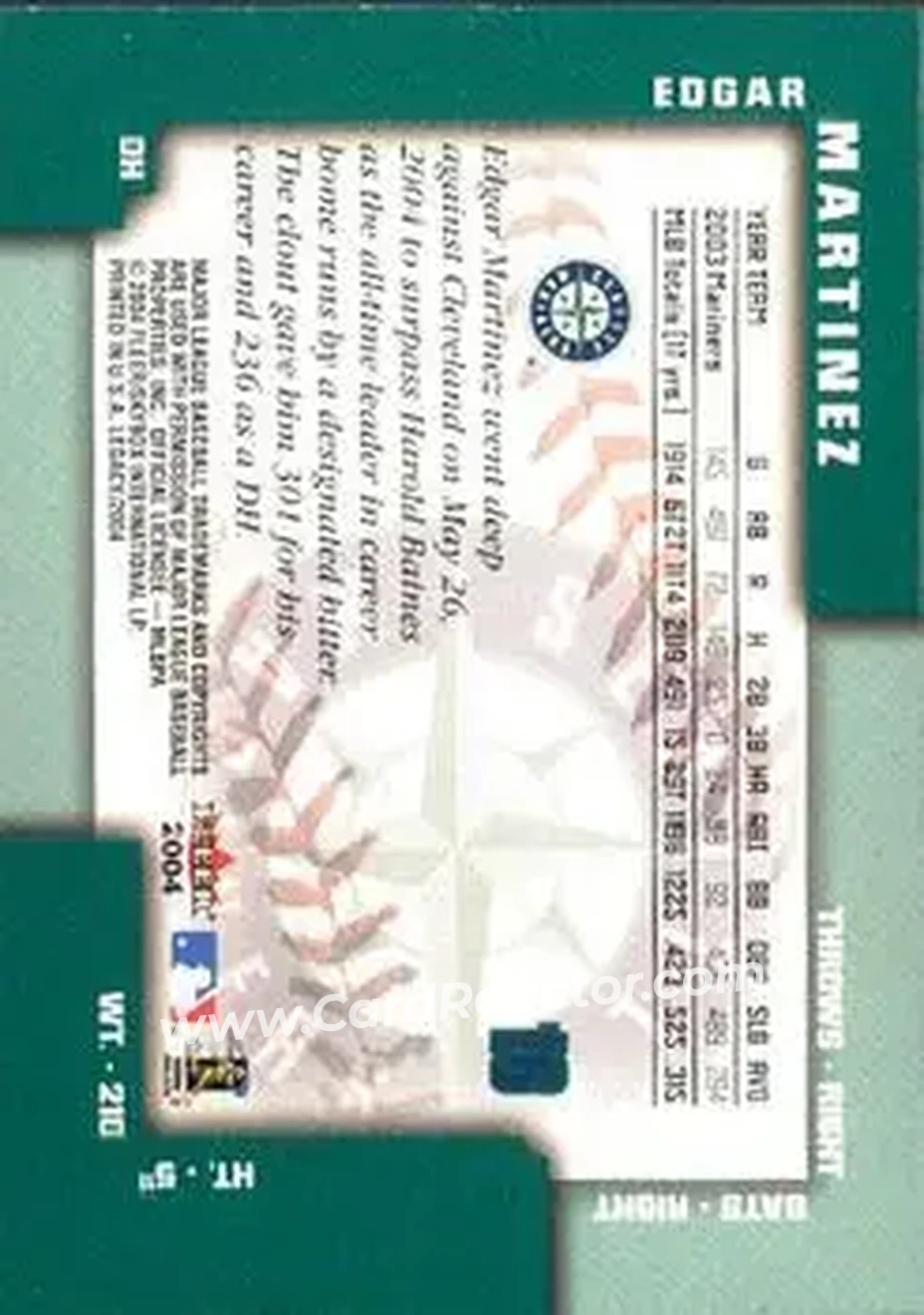 2004 Fleer Legacy #16 - Edgar Martinez - Seattle Mariners - Back
