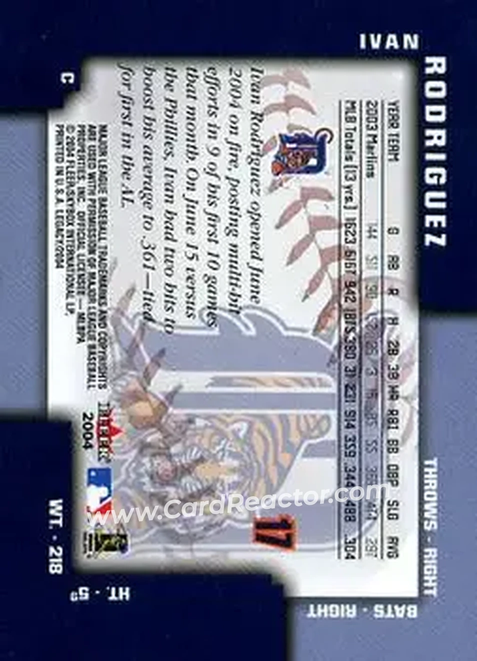 2004 Fleer Legacy #17 - Ivan Rodriguez - Detroit Tigers - Back