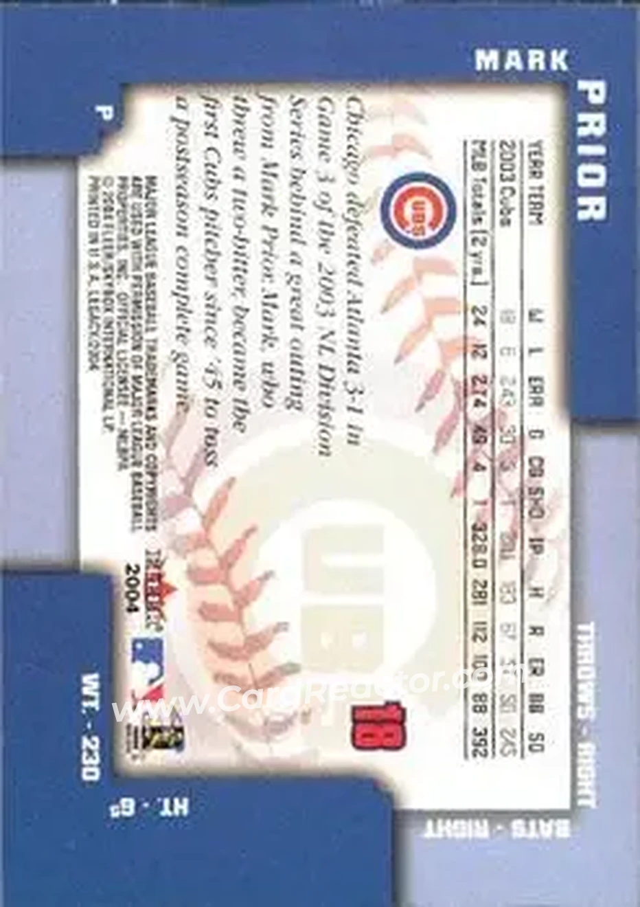 2004 Fleer Legacy #18 - Mark Prior - Chicago Cubs - Back