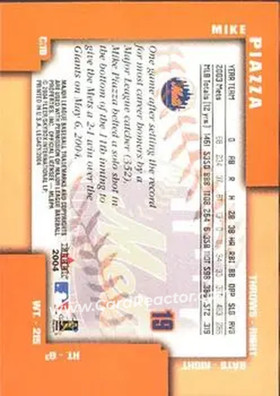 2004 Fleer Legacy #19 - Mike Piazza - New York Mets - Back