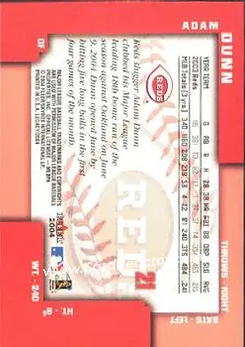 2004 Fleer Legacy #21 - Adam Dunn - Cincinnati Reds - Back