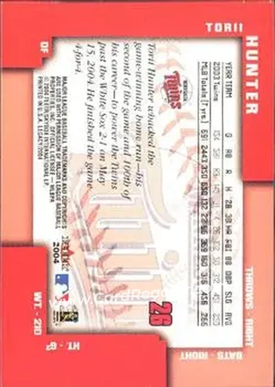2004 Fleer Legacy #26 - Torii Hunter - Minnesota Twins - Back