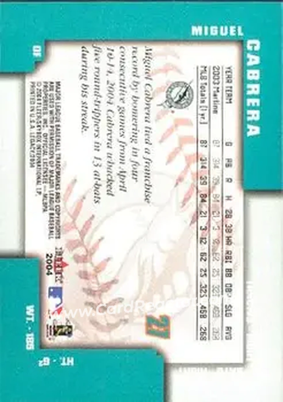 2004 Fleer Legacy #27 - Miguel Cabrera - Florida Marlins - Back
