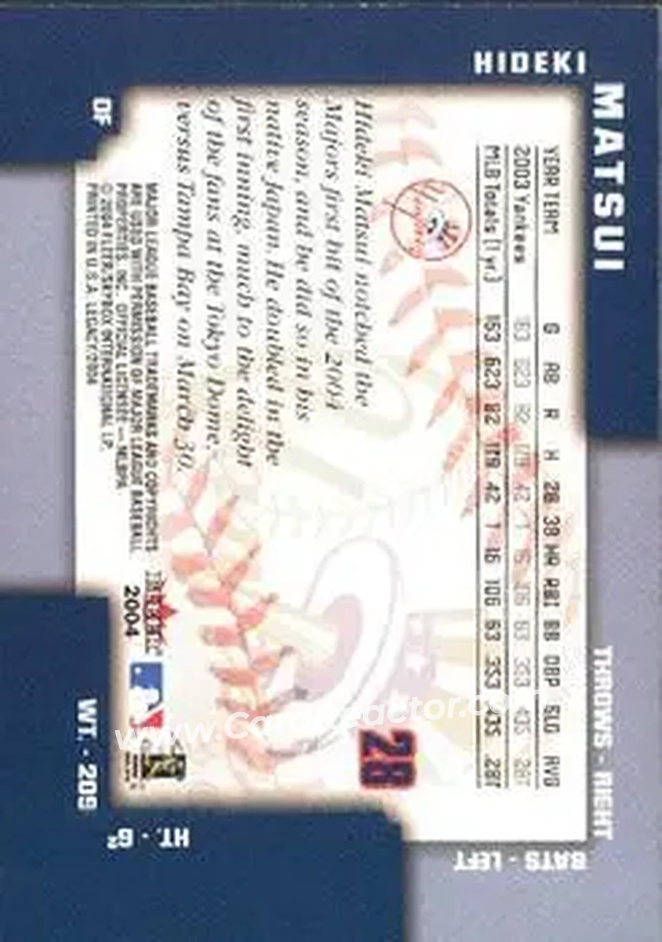 2004 Fleer Legacy #28 - Hideki Matsui - New York Yankees - Back