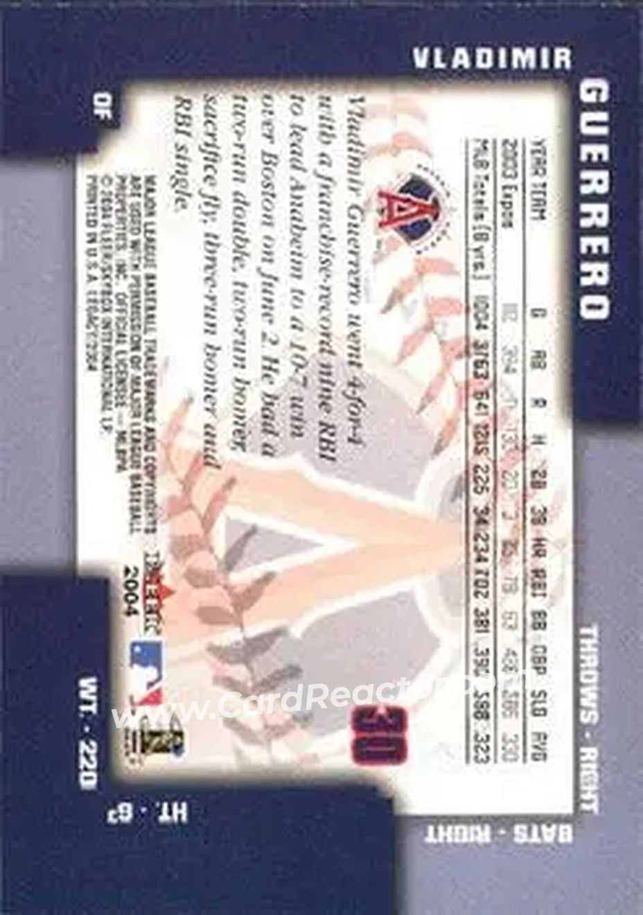 2004 Fleer Legacy #30 - Vladimir Guerrero - Anaheim Angels - Back