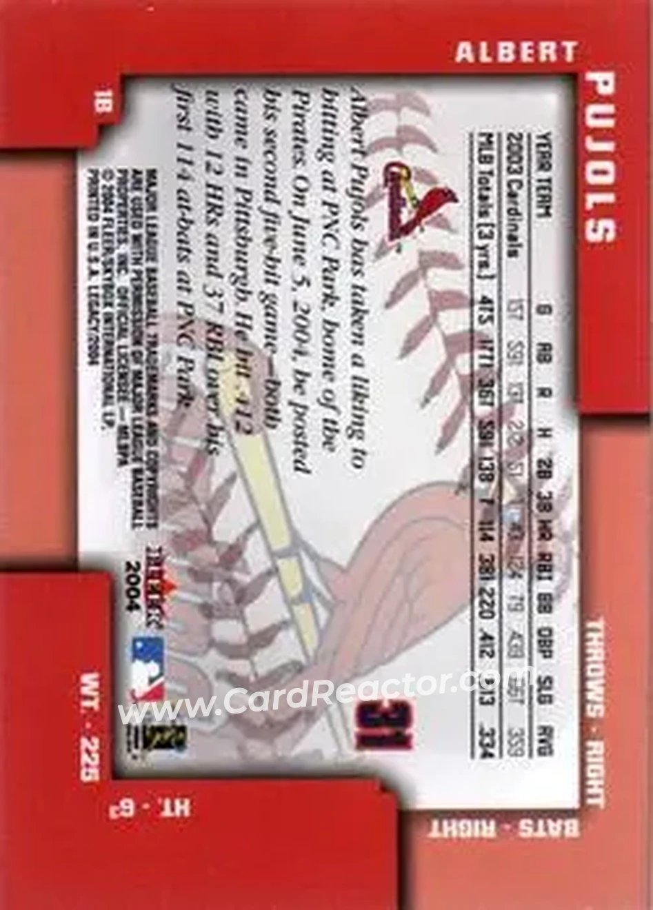 2004 Fleer Legacy #31 - Albert Pujols - St. Louis Cardinals - Back 2004 Fleer Legacy #31 - Albert Pujols - St. Louis Cardinals - Back