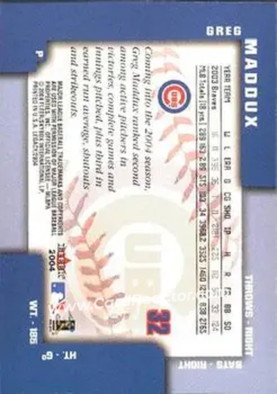 2004 Fleer Legacy #32 - Greg Maddux - Chicago Cubs - Back